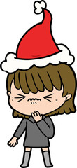 hand drawn line drawing of a girl regretting a mistake wearing santa hat