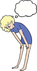 cartoon woman looking at her feet with thought bubble