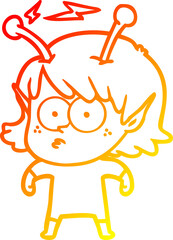 warm gradient line drawing of a cartoon alien girl