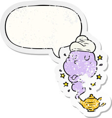 cute cartoon genie rising out of lamp with speech bubble distressed distressed old sticker
