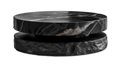 Black marble podium on transparent background, as png. Elegant stage for product, cosmetic presentation. Luxury mock up. Pedestal or platform for beauty products. Empty scene. Generative AI.