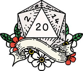Retro Tattoo Style natural twenty D20 dice roll