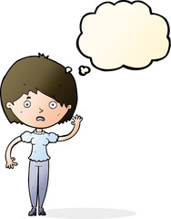 cartoon waving woman with thought bubble