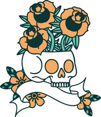 traditional tattoo with banner of a skull and roses