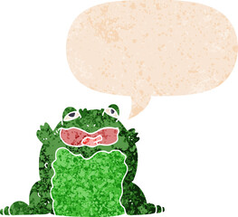 cartoon toad with speech bubble in grunge distressed retro textured style
