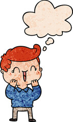 cartoon laughing boy with thought bubble in grunge texture style