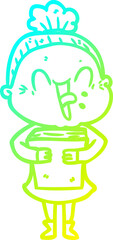 cold gradient line drawing of a cartoon happy old woman