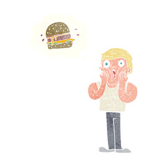 cartoon shocked man thinking about junk food