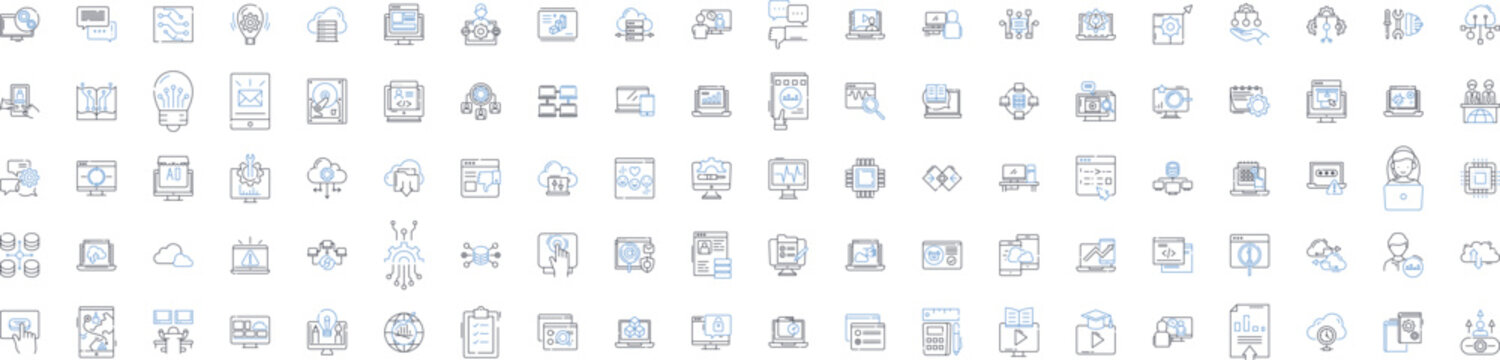 Electronic devices line icons collection. Smartph, Laptop, Tablet, Camera, Gamepad, Earbuds, Headset vector and linear illustration. Smartwatch,Speaker,Monitor outline signs set