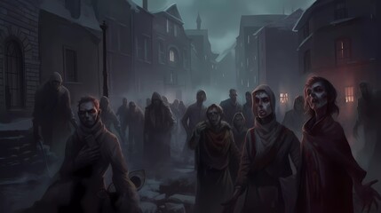 Digital fantasy illustration of a group of zombies that have taken over a town village during an epidemic, generative ai