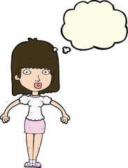 cartoon woman shrugging shoulders with thought bubble