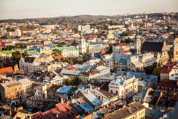 Panorama of Lviv Ukraine. Image of an old Ukrainian city on a sunny day from a bird's eye view. Photos about travel and ancient architecture.