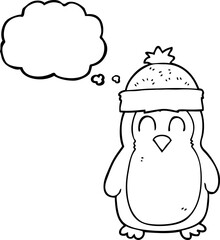 freehand drawn thought bubble cartoon penguin