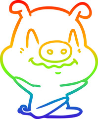 rainbow gradient line drawing of a nervous cartoon pig sitting