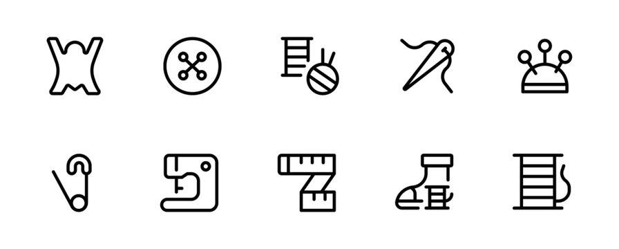 Sewing machine, needle, awl, thread, thread, chalk, fabric icon editable Stroke line icons and Suitable for Web Page, Mobile App, UI, UX design.