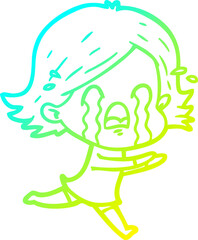 cold gradient line drawing of a cartoon woman crying