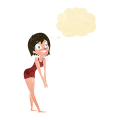cartoon excited woman with thought bubble