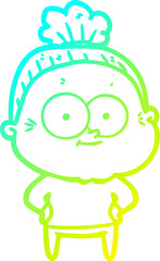 cold gradient line drawing of a cartoon happy old woman