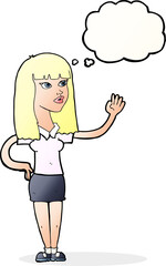 cartoon pretty woman waving with thought bubble