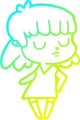 cold gradient line drawing of a cartoon indifferent woman