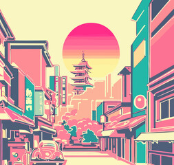 retro art, oriental, japanese city, vector art, pastel colors.