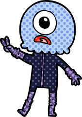 cartoon cyclops alien spaceman giving peace sign
