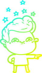 cold gradient line drawing of a cartoon excited man