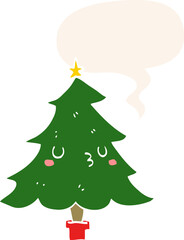 cute cartoon christmas tree with speech bubble in retro style