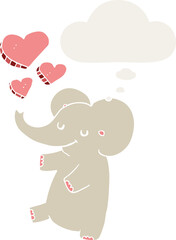 cartoon elephant with love hearts with thought bubble in retro style
