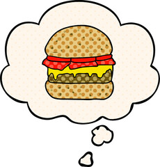 cartoon burger with thought bubble in comic book style