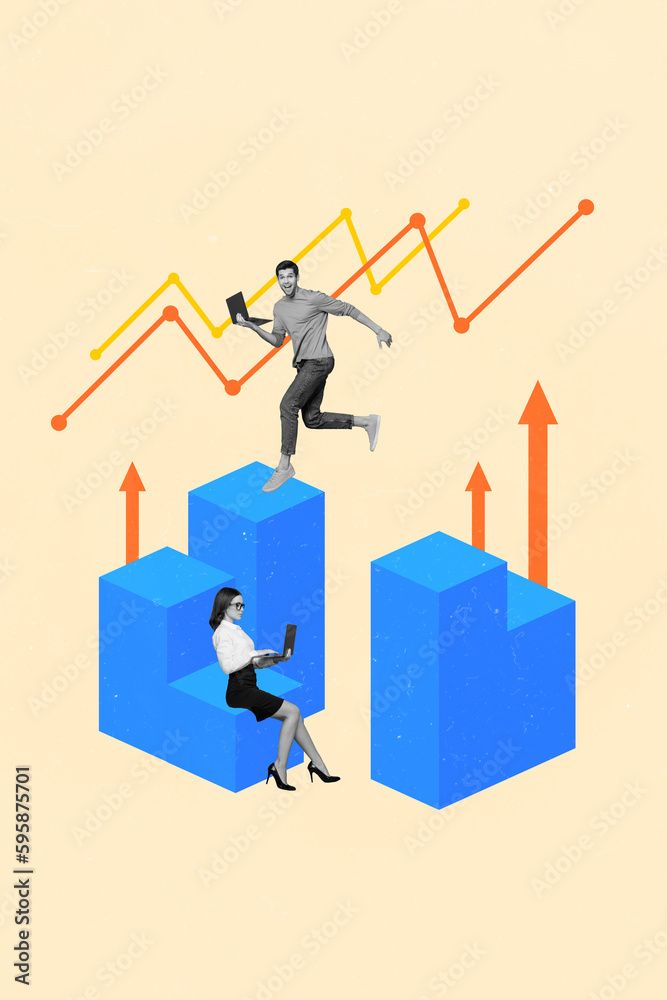 Poster vertical collage picture of two mini black white gamma people use netbook jump between stairs growin