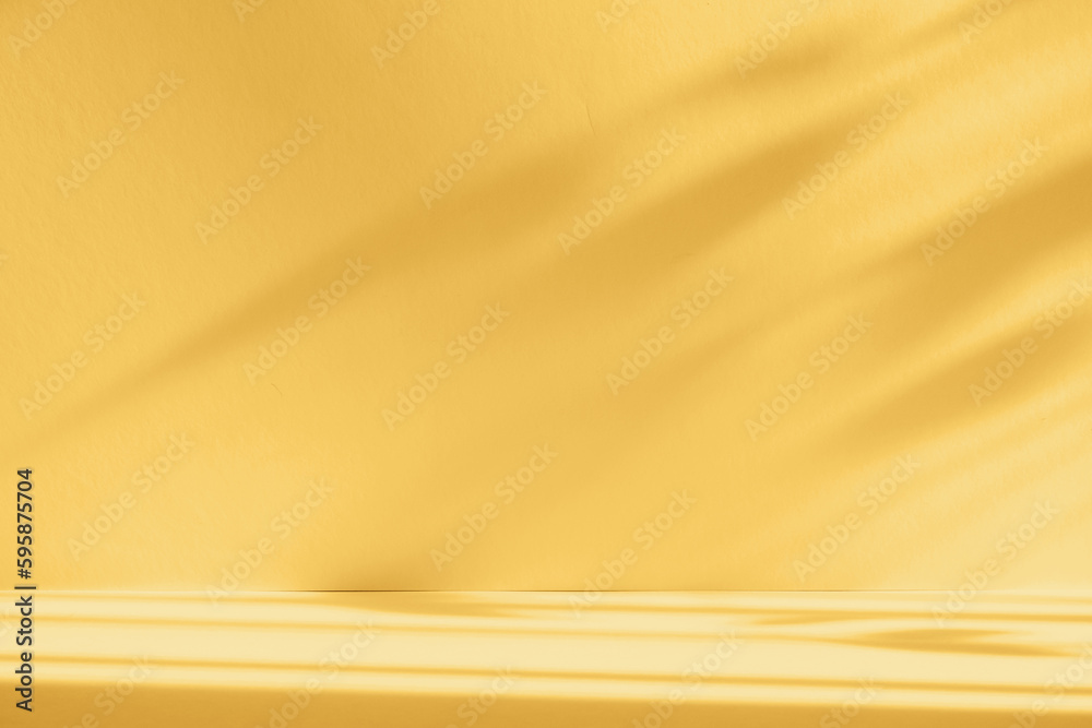 Poster Abstract yellow color gradient studio background for product presentation. Empty room with shadows of window and flowers and palm leaves . 3d room with copy space. Summer concert. Blurred backdrop.
