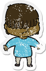 distressed sticker of a cartoon boy with untidy hair