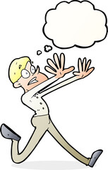 cartoon man running away with thought bubble