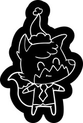 quirky cartoon icon of a friendly fox wearing santa hat