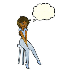 cartoon pretty girl on stool with thought bubble