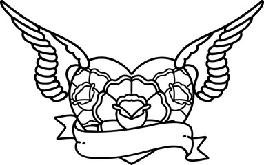 tattoo in black line style of a flying heart with flowers and banner