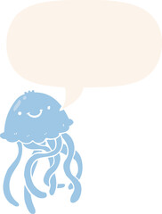 cartoon happy jellyfish with speech bubble in retro style