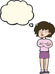 cartoon woman wit crossed arms with thought bubble
