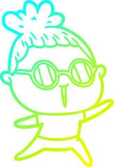 cold gradient line drawing of a cartoon woman wearing spectacles