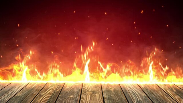 Old wood table with Fire flames black background .