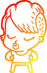 warm gradient line drawing of a cartoon pretty hipster girl