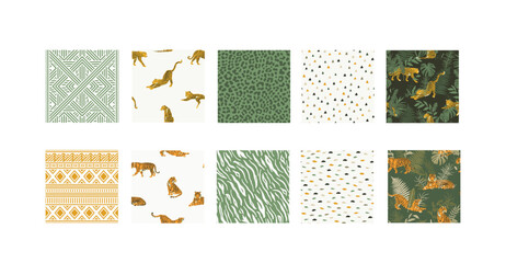 Jungle park leopard tiger leaf monstera vector element nature clipart seamless pattern  