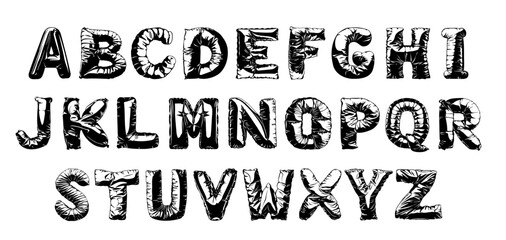 Balloon style font with jacket like texture. Black and white puffy alphabet, English uppercase letters, vector graphic design