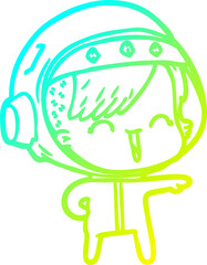 cold gradient line drawing of a happy cartoon space girl