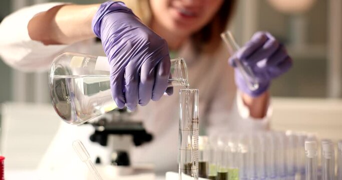 Chemist pours water into test tube in laboratory. Concept of testing water quality for toxins