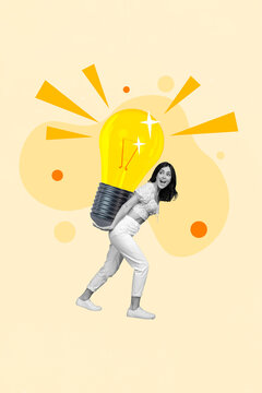 Vertical collage image of mini black white colors girl arms hold huge light bulb isolated on creative beige background