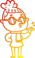 warm gradient line drawing of a cartoon woman wearing glasses