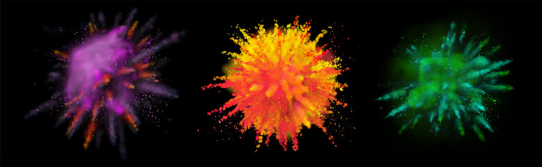 Paint powder explosion on black background. Colorful dust explode for celebration or holiday design poster, banner, leaflet