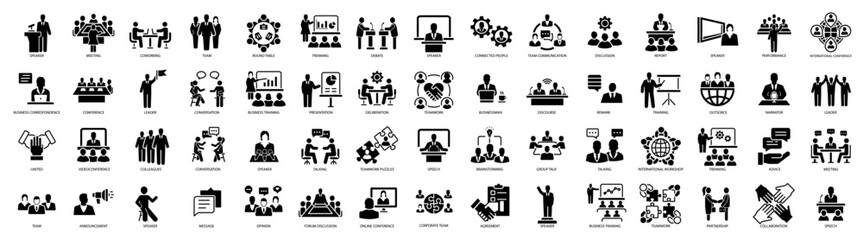 Conference, meeting, business training and team, brainstorm, seminar, interview icon set - obrazy, fototapety, plakaty
